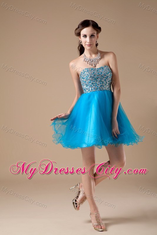 Teal Strapless Short Cocktail Dress Made by Organza and Beading